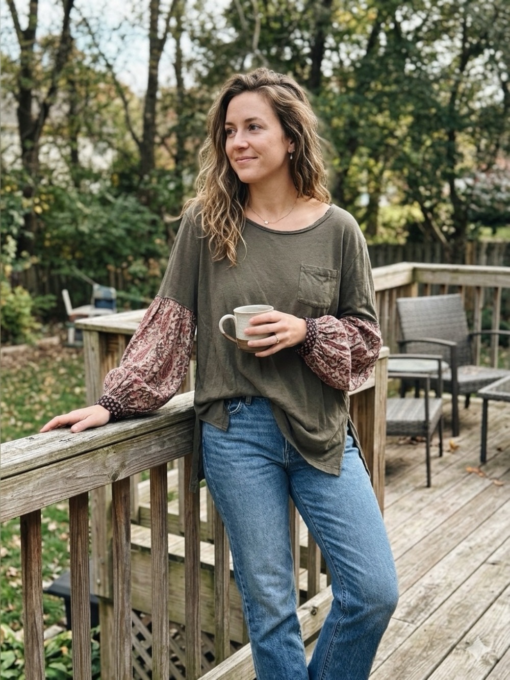 We The Free Olive Long-Sleeve Top with Floral Mixed Sleeves